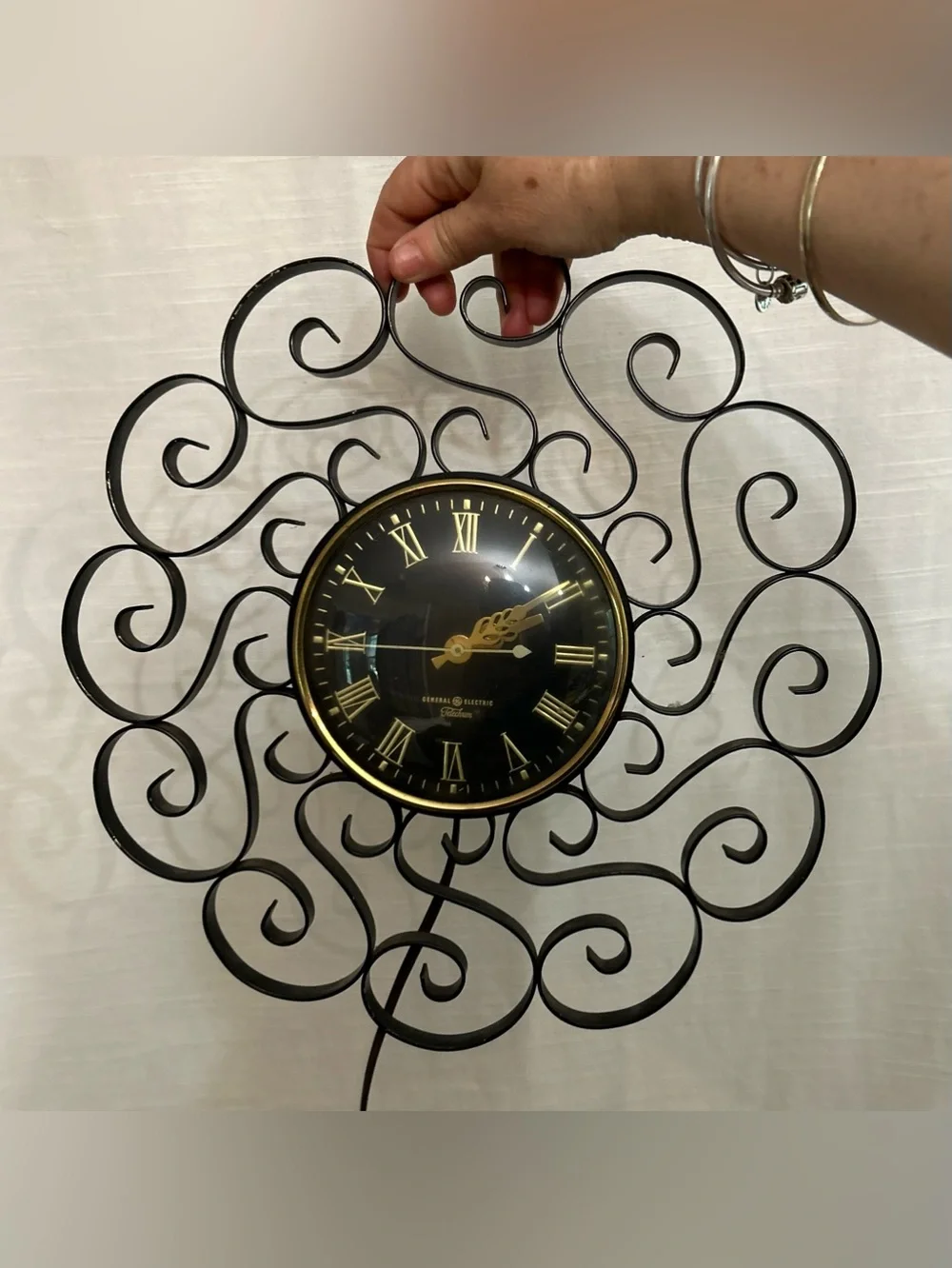 True Vintage Mid Century 1950's Classic Black Metal Scroll Wall Clock
